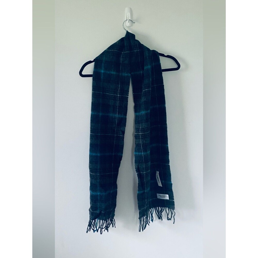 100% Merino Wool James Pringle Weaver Dark Gray and Teal Plaid Scarf
